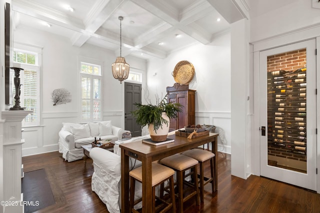 dining room with wine cooler, dark wood-style flooring, a decorative wall, coffered ceiling, and beamed ceiling