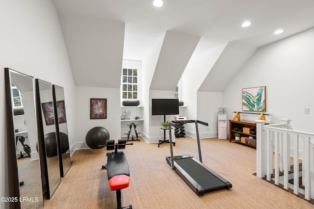 workout area featuring lofted ceiling, carpet flooring, baseboards, and recessed lighting