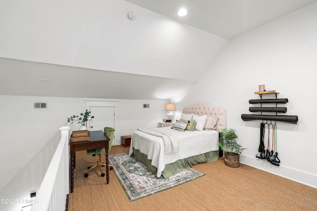 bedroom with lofted ceiling, baseboards, visible vents, and recessed lighting