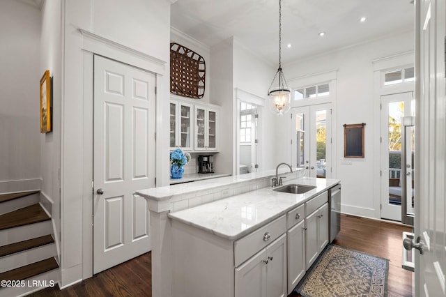 kitchen featuring ornamental molding, dark wood-type flooring, a sink, and stainless steel dishwasher