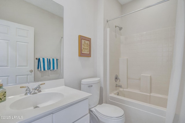 bathroom with shower / bath combination with curtain, toilet, and vanity