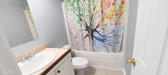 bathroom with vanity, tile patterned floors, toilet, and shower / tub combo with curtain