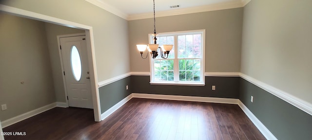 interior space featuring baseboards, dark wood-style floors, visible vents, and a chandelier