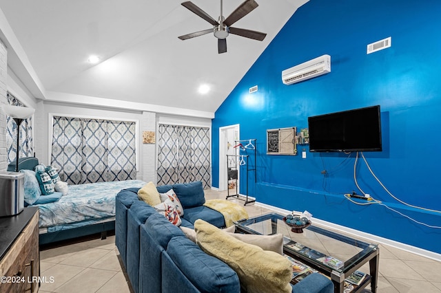 tiled bedroom featuring high vaulted ceiling, a wall mounted air conditioner, and ceiling fan