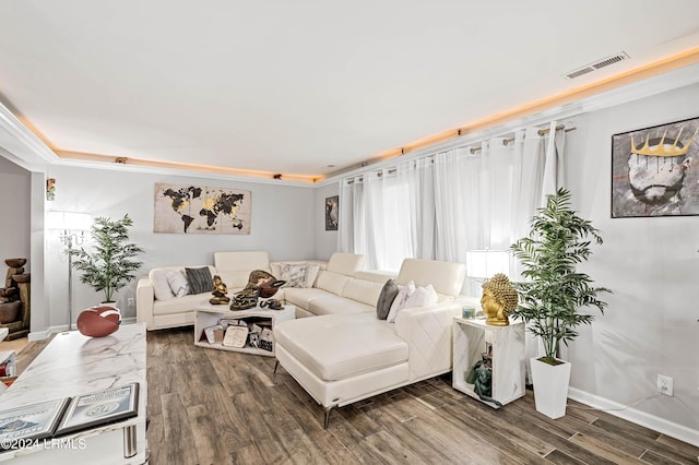 living room featuring dark wood-type flooring