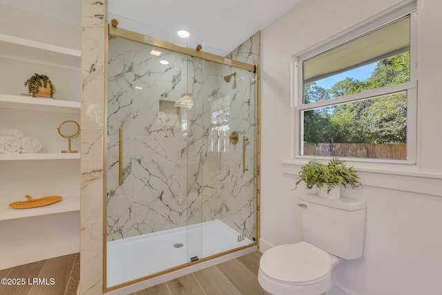 3001 N St, Beaufort, SC 29902 - bathroom featuring toilet, a marble finish shower, and wood finished floors