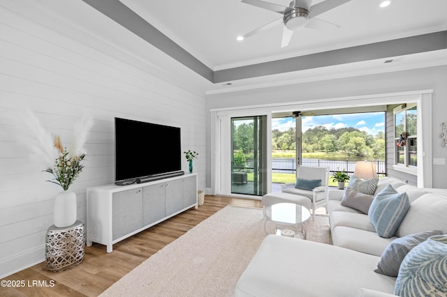 327 River Oak Way, Hardeeville, SC 29927 - living area with crown molding, plenty of natural light, recessed lighting, ceiling fan, and light wood-style floors