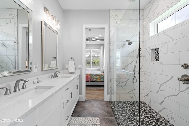 327 River Oak Way, Hardeeville, SC 29927 - bathroom featuring double vanity, walk in shower, ensuite bathroom, and a ceiling fan