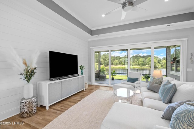327 River Oak Way, Hardeeville, SC 29927 - living room with crown molding, recessed lighting, healthy amount of natural light, ceiling fan, and light wood-style floors