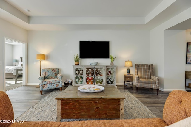 living area with baseboards, wood finished floors, and a tray ceiling