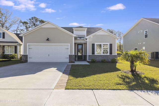 view of front of home with board and batten siding, driveway, a front yard, cooling unit, and an attached garage