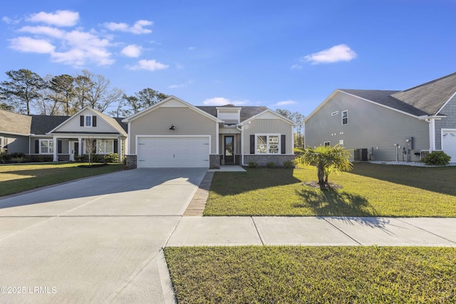 view of front facade featuring an attached garage, a front lawn, board and batten siding, and driveway
