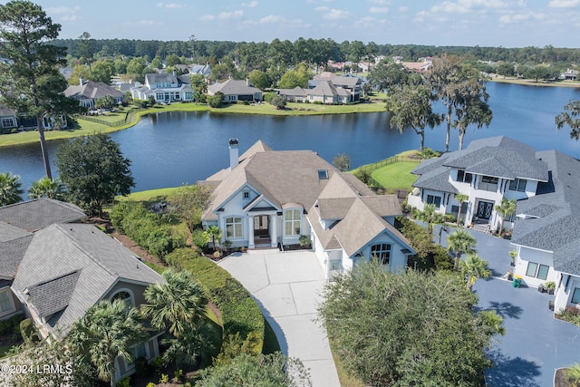 drone / aerial view featuring a water view