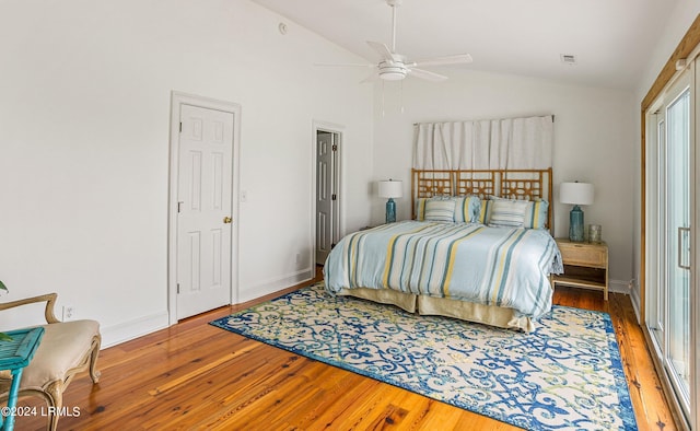 bedroom featuring lofted ceiling, hardwood / wood-style floors, and ceiling fan