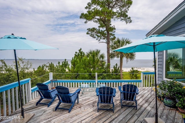 wooden deck with a water view