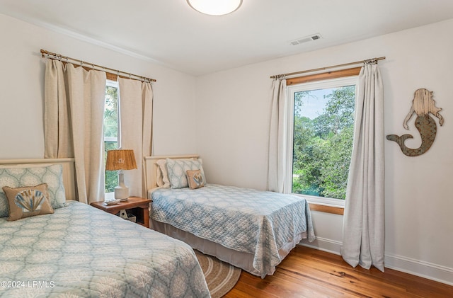 bedroom featuring multiple windows and wood-type flooring