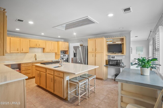 1 Scallop Ct, Harbor Island, SC 29920 - kitchen with appliances with stainless steel finishes, ornamental molding, a sink, light countertops, and recessed lighting