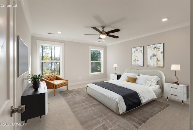 421 Parkside Commons, Bluffton, SC 29910 - bedroom featuring carpet flooring, crown molding, recessed lighting, and a ceiling fan