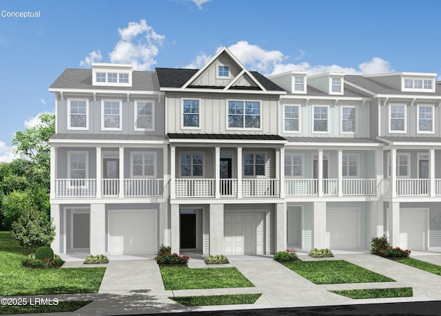 421 Parkside Commons, Bluffton, SC 29910 - view of property featuring a standing seam roof, an attached garage, a metal roof, driveway, and a balcony