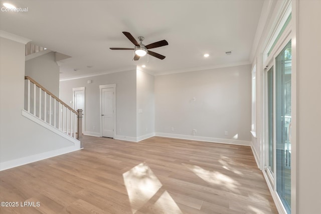 421 Parkside Commons, Bluffton, SC 29910 - unfurnished room featuring ceiling fan, stairway, light wood finished floors, ornamental molding, and recessed lighting