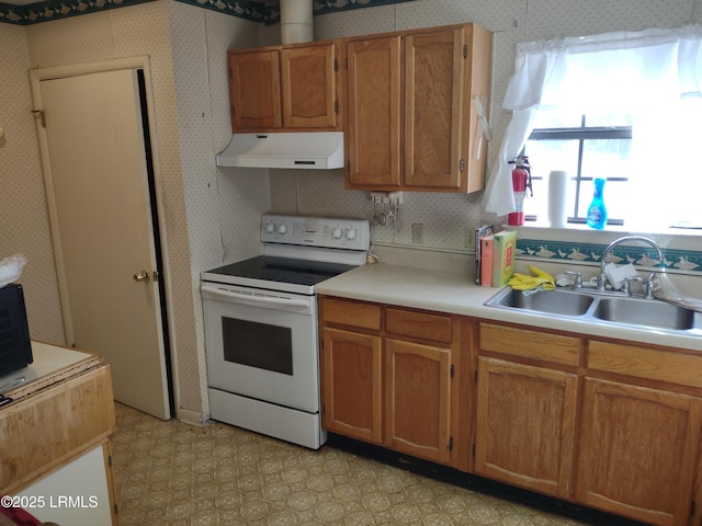 kitchen featuring white electric range and sink