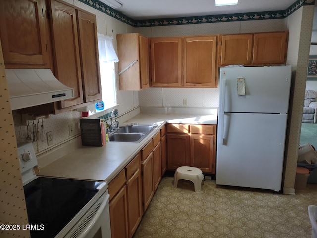 kitchen featuring white appliances, ventilation hood, and sink