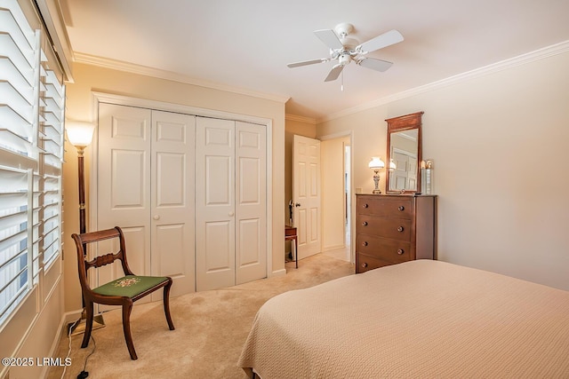 carpeted bedroom with crown molding, ceiling fan, and a closet