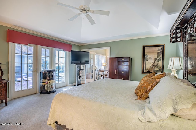 bedroom featuring vaulted ceiling, carpet floors, access to exterior, ceiling fan, and crown molding