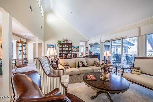 living room featuring ornamental molding and high vaulted ceiling