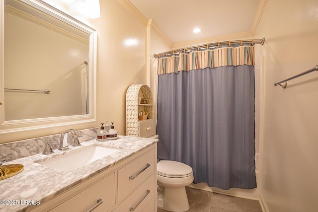 full bathroom with vanity, crown molding, shower / bath combo, and toilet