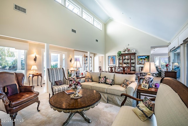 living room featuring ornamental molding, a healthy amount of sunlight, and lofted ceiling