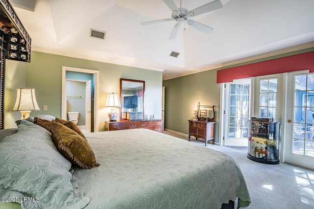 bedroom featuring multiple windows, crown molding, carpet floors, and access to exterior