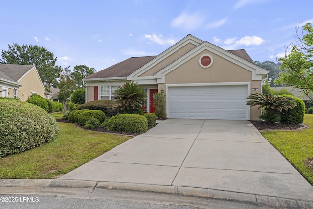 29 Sundome Ct, Bluffton, SC 29909 - view of front of home featuring an attached garage, driveway, a front lawn, and stucco siding