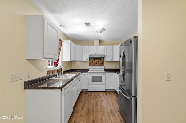 16 Star Magnolia Ct, Beaufort, SC 29907 - kitchen featuring white appliances, a sink, ventilation hood, dark countertops, and wood finished floors