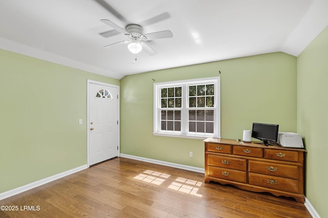 16 Star Magnolia Ct, Beaufort, SC 29907 - foyer entrance featuring ceiling fan, wood finished floors, lofted ceiling, and baseboards