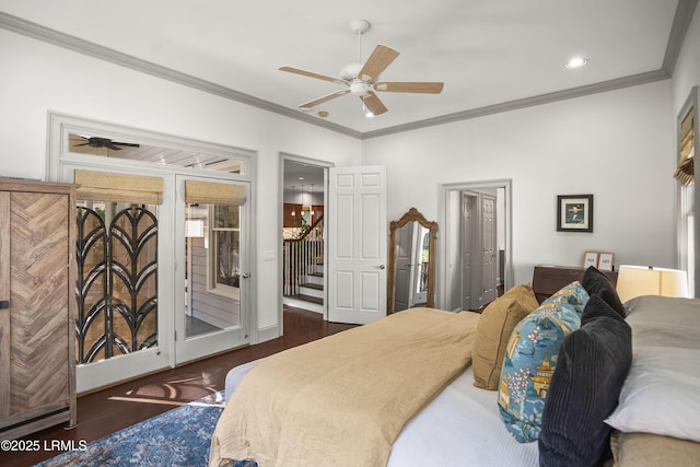 105 Bartram Dr, Beaufort, SC 29902 - bedroom with wood finished floors, recessed lighting, crown molding, access to exterior, and a ceiling fan