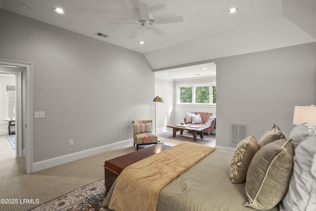 105 Bartram Dr, Beaufort, SC 29902 - bedroom featuring light carpet, recessed lighting, lofted ceiling, and a ceiling fan