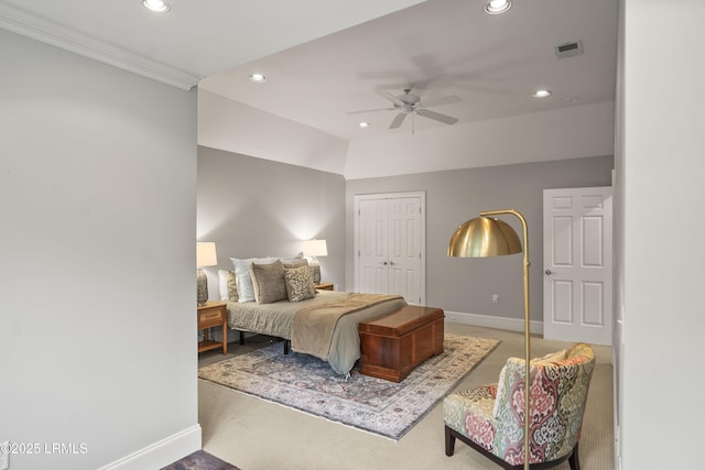 105 Bartram Dr, Beaufort, SC 29902 - bedroom with recessed lighting, carpet flooring, a closet, ceiling fan, and ornamental molding