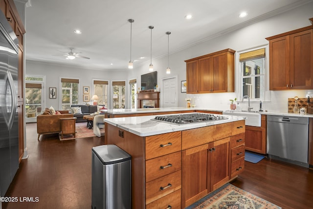 105 Bartram Dr, Beaufort, SC 29902 - kitchen featuring stainless steel appliances, open floor plan, a ceiling fan, dark wood finished floors, and recessed lighting