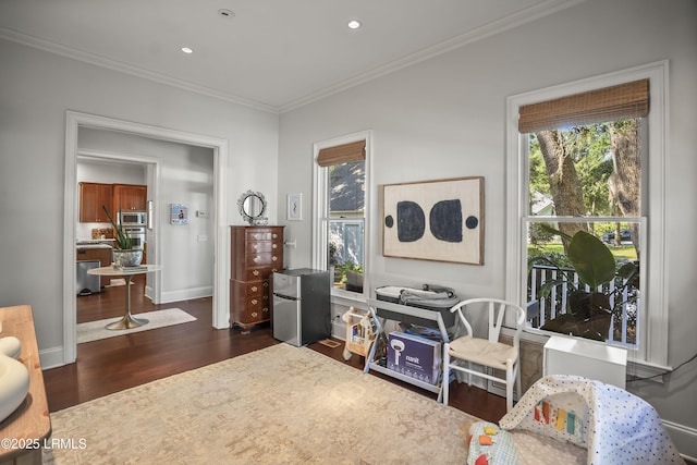 105 Bartram Dr, Beaufort, SC 29902 - living area with ornamental molding, dark wood-style floors, and recessed lighting