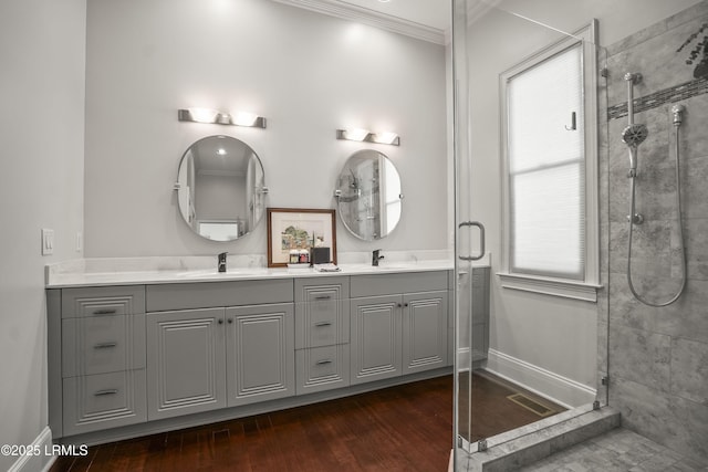 105 Bartram Dr, Beaufort, SC 29902 - full bath featuring a shower stall, double vanity, ornamental molding, and wood finished floors