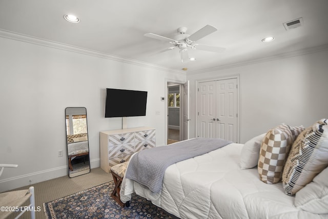 105 Bartram Dr, Beaufort, SC 29902 - bedroom with carpet, ornamental molding, recessed lighting, a closet, and a ceiling fan