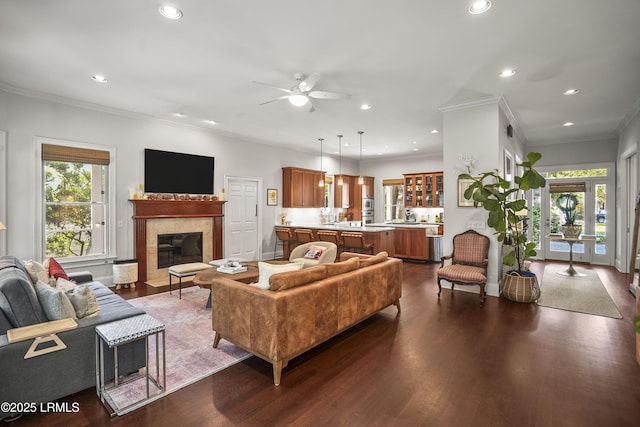 105 Bartram Dr, Beaufort, SC 29902 - living room featuring healthy amount of natural light, a ceiling fan, recessed lighting, dark wood-style floors, and crown molding