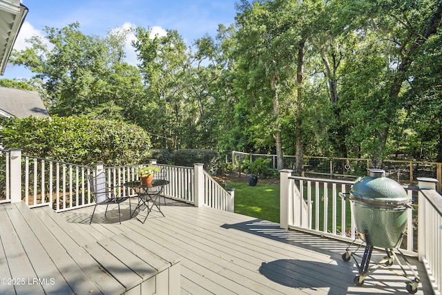105 Bartram Dr, Beaufort, SC 29902 - wooden deck with a grill, a fenced backyard, and view of wooded area