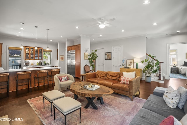 105 Bartram Dr, Beaufort, SC 29902 - living room featuring recessed lighting, dark wood finished floors, ceiling fan, and crown molding