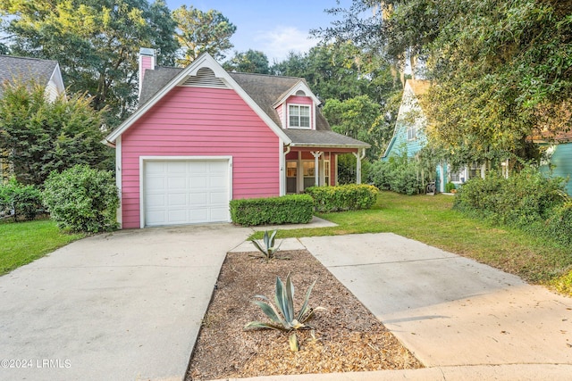 view of front facade featuring a porch, a garage, and a front lawn