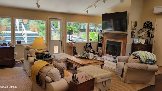 living room with rail lighting, a healthy amount of sunlight, and a wall mounted AC