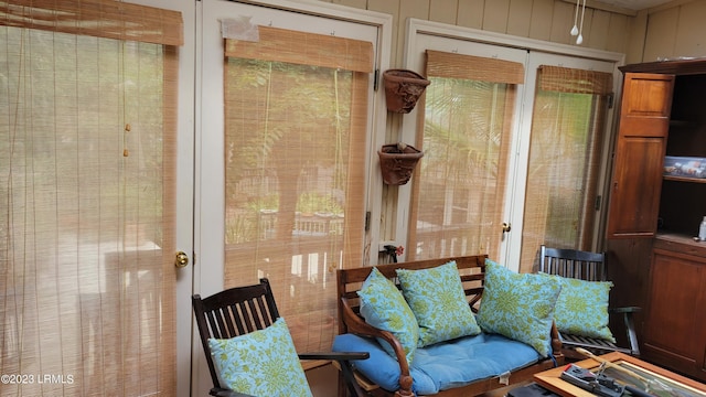 interior space featuring wood walls