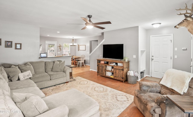 31 Shadow Moss Dr, Beaufort, SC 29906 - living area featuring baseboards, recessed lighting, wood finished floors, and ceiling fan with notable chandelier