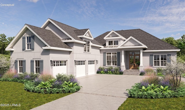 view of front of property with a shingled roof, an attached garage, driveway, and stucco siding